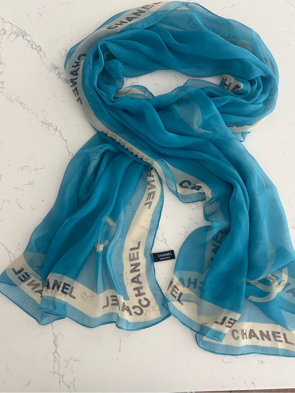 CHANEL Turquoise Sheer Silk Logo Scarf with Cream Trim